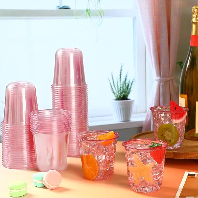 Ziliny 100 Pcs 12oz Plastic Stemless Wine Glasses Disposable, Pink | Plastic Wine Glasses for Parties Weddings Birthdays, Cocktail Drinking Cups, Round Bowl, Bulk Event Supplies