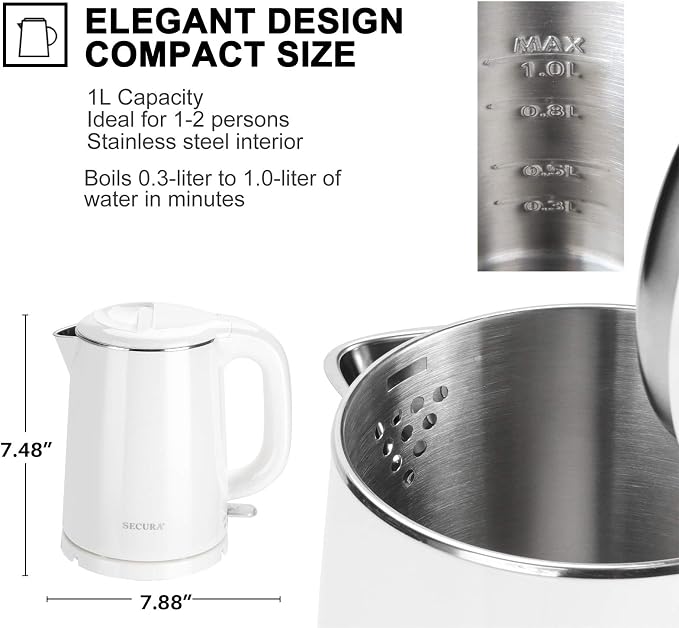 Secura Stainless Steel Double Wall Electric Kettle Water Heater for Tea Coffee w/Auto Shut-Off and Boil-Dry Protection, 1.0L (White) SWK-1001DW/HB-K012