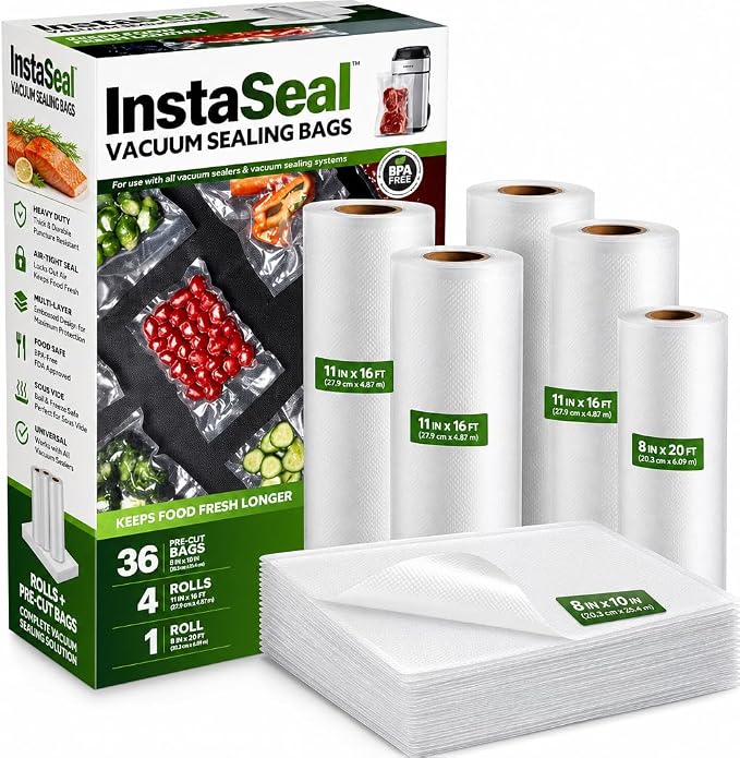 InstaSeal Vacuum Seal Bags for Food, 36 8 in x 10 in Pre-Cut Bags and 5 Rolls, Four 11 in x 16 ft Rolls and One 8 in x 20 ft Roll for Freezer Storage and Sous Vide Cooking