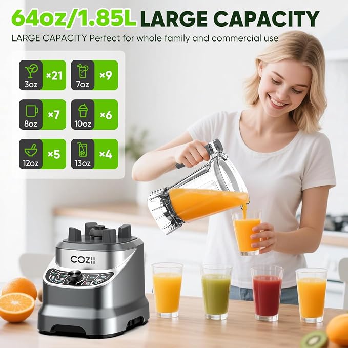 COZII Professional Blender 2000W, 64oz Countertop Smoothie Blender-21oz Cup | 7 Presets Blenders for Kitchen,Smoothies/Ice Crush/Frozen Drinks/Dips/Nut Butter|8 Speeds, Dishwasher Safe -Sky Grey