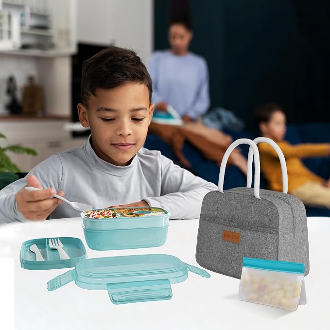 JBGOYON Leakproof Bento Box & Insulated Lunch Bag Set, 4-Piece, Gray/Green | 6-hour thermal retention, includes nested knife fork spoon, 2 reusable snack pouches, designed for adults and kids
