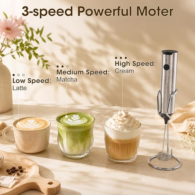 Milk Frother Handheld, Electric Milk Foamer with 2 Whisks & 3 Speeds, USB-C Rechargeable Stainless Steel Drink Mixer, Mini Egg Beater for Latte Cappuccino Matcha Hot Chocolate Protein Shake, Silver