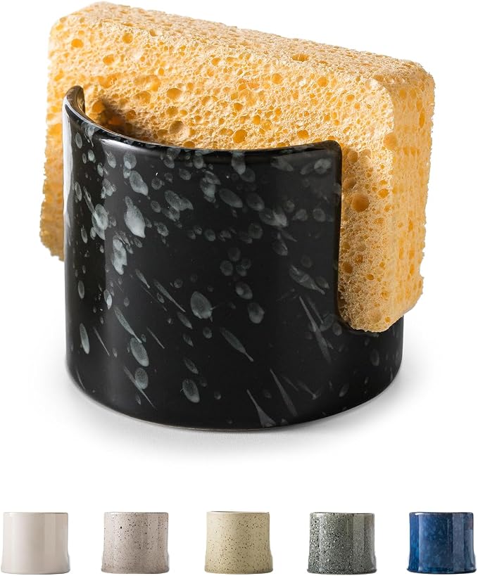 Zoeeker Sponge Holder for Kitchen, Ceramic Sink Caddy Scrub Sponge Rack | Dish Brush Rack Scrubbers Holder Scouring Pad Holder for Kitchen Sink, Bathroom, Kitchen Storage Organizer Accessories, Black