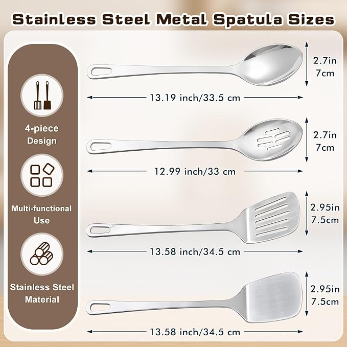 4 Pcs Cooking Utensils Set, Stainless Steel Kitchen Utensils, Heat Resistant Metal Kitchen Tools Include Slotted Turner Wok Spatula, Solid & Slotted Serving Spoon, Ladle, Easy to Clean, Silver