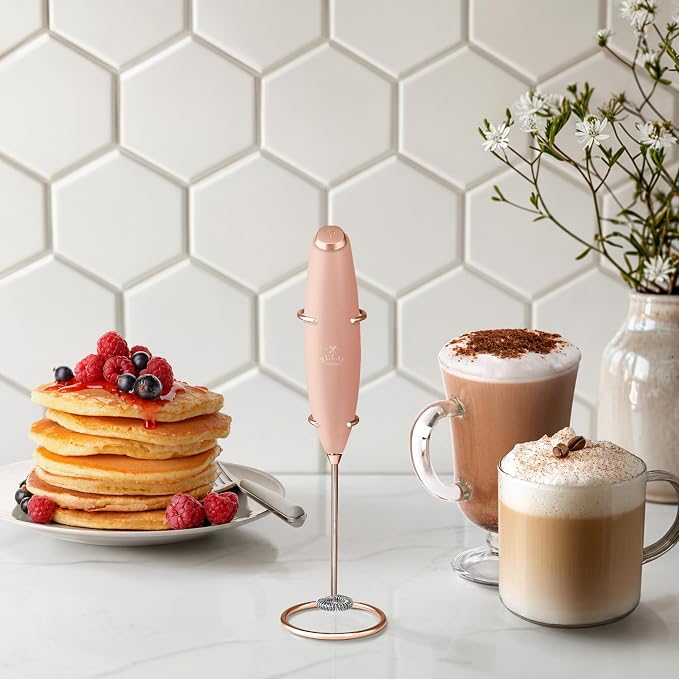 Zulay Kitchen Powerful Milk Frother Wand With Duracell Batteries - Ultra Fast Handheld Drink Mixer - Electric Whisk Foam Maker for Coffee, Lattes, Cappuccino & Matcha - Z1 Motor - Rose Peach