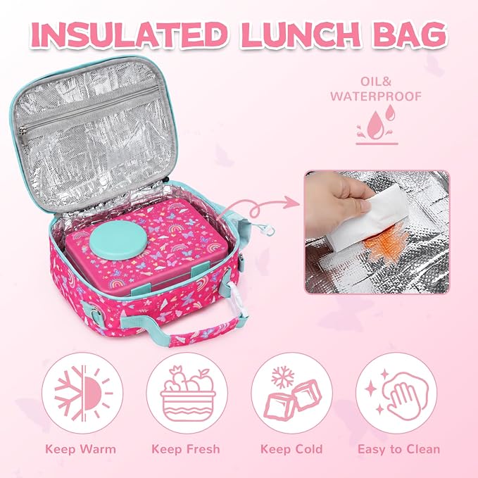 Bento Box for Kids, Leakproof Kids Lunch Box with 8.5OZ Thermo Food Jar & Lunch Bag, 3-4 Compartments Toddler Insulated Lunch Box for Girls, BPA Free Lunch Containers for School Daycare