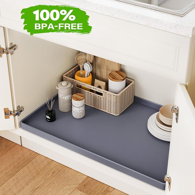 FLATO Waterproof Under Sink Mat, 40" x 19", Light Gray | Shelf Liner for Kitchen and Bathroom, Cabinet Protector, Organizers and Storage, Flexible Silicone Drip Tray