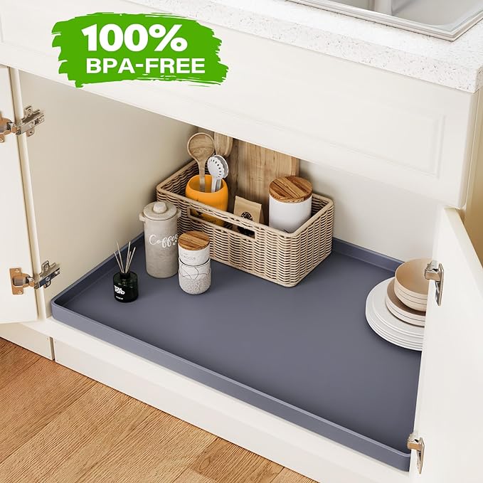 FLATO Waterproof Under Sink Mat, 40" x 19", Beige | Shelf Liner for Kitchen and Bathroom, Cabinet Protector, Organizers and Storage, Flexible Silicone Drip Tray