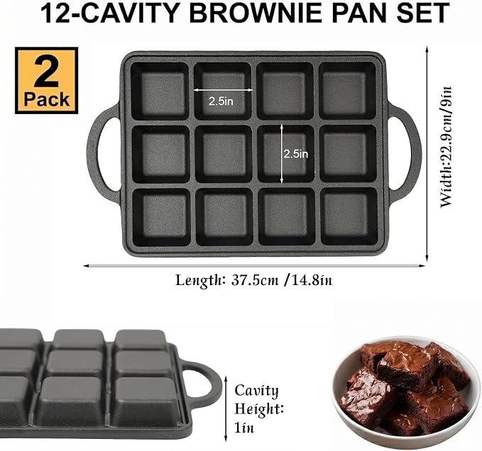 Flavehc 2Pack Cast Iron Brownie Pan with Dividers Individual 12 Cup Cavity Cast Iron Baking Pan for Brownies Square Muffin Pans Molds
