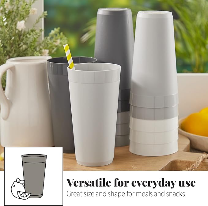 US Acrylic Newport 32 ounce Unbreakable Plastic Stackable Iced-Tea Tumblers in Grey Stone | Set of 12 Drinking Cups | Reusable, BPA-free, Made in the USA, Top-rack Dishwasher and Microwave Safe