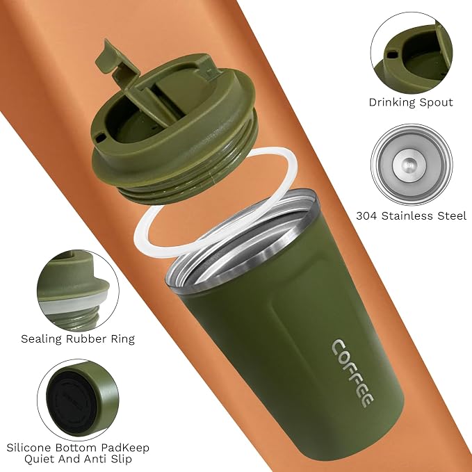 SPLMIFA Travel coffee mugs leak-proof, reusable coffee cups with lids, stainless steel vacuum insulated coffee tumblers, thermal insulation cups for men & women keep drinks hot & cold(2nd-Green, 12OZ)