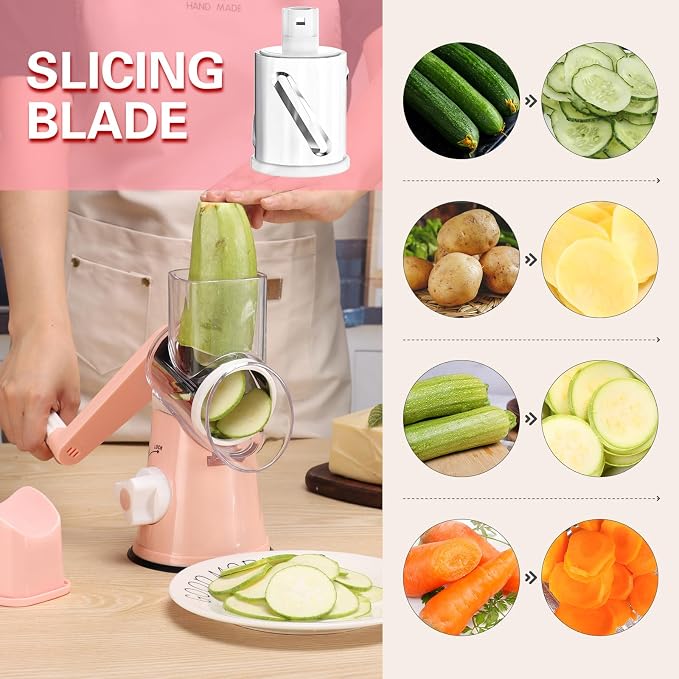 Cambom Rotary Cheese Grater Hand Crank Cheese Shredder for Fresh Cheese, Vegetable, Nuts,Non-slip Suction Base，Three Blades,Pink