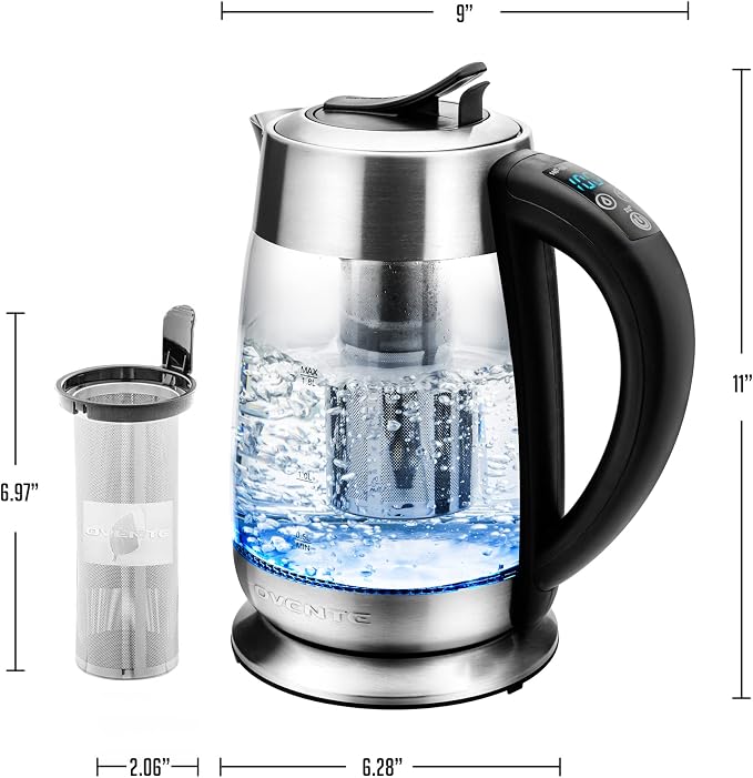 OVENTE 1.8L Glass Electric Kettle with Tea Infuser, Silver KG661S | 1500W Fast Boiling, Easy Fill Lid, 6 Temperature Control, Keep Warm, Digital Display, BPA-Free, Auto Shut-Off, 360° Base