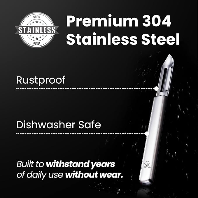 Gourmet Easy Stainless Steel Vegetable Peeler, Ultra Sharp Dual Blades | Peels in Both Directions for Left- and Right-Handed Use, Seamless No Trapped Water, Dishwasher Safe, 5-Year Warranty