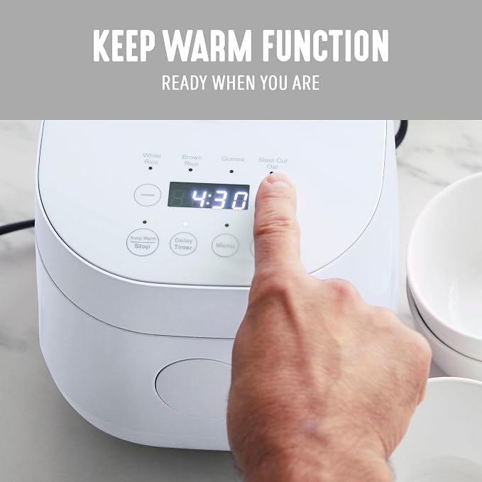 GreenLife Digital Rice Cooker, 2-Cups Uncooked/4-Cups Cooked, White | PFAS-Free Ceramic Nonstick Coated 1.5QT Pot, One-Touch Presets, Oats, Quinoa, Brown Rice, Auto Warming, Fuzzy Logic Tech