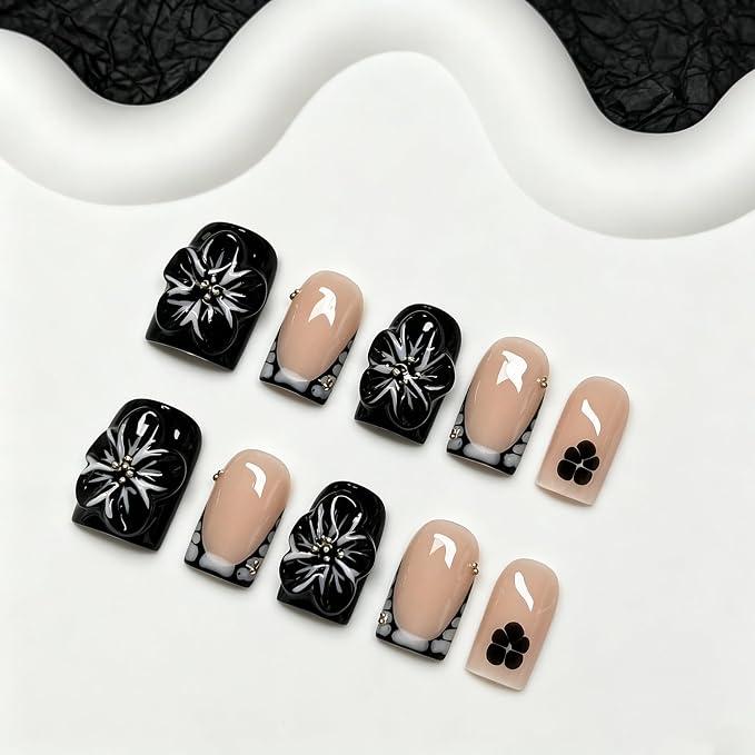 Flower Press on Nails Handmade Black French Tip Fake Nail with 3D Flower Designs Salon Quality Glossy Full Cover Elegant Nail Art Thick Acrylic Nails Short Square Handmade Stick on Nails（S)