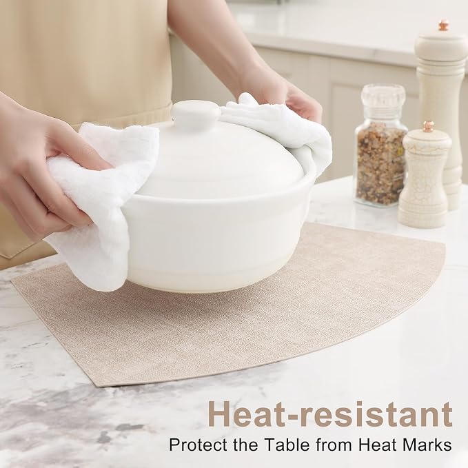 Homaxy Wedge Faux Leather Placemats for Round Table, Set of 6, Beige | Waterproof Wipeable Washable Table Mats, Easy to Clean Anti-Slip Place Mats, 11.8" x 17"