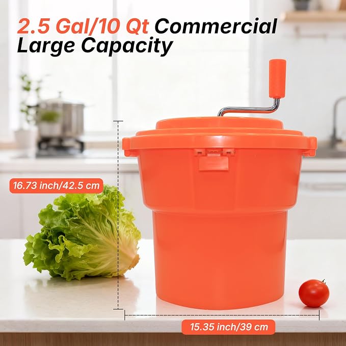 Hakka 2.5 Gallon Salad Spinner,Commercial Restaurant Manual Lettuce Dryer for Vegetable Fruit Dryer Mixer(Orange)