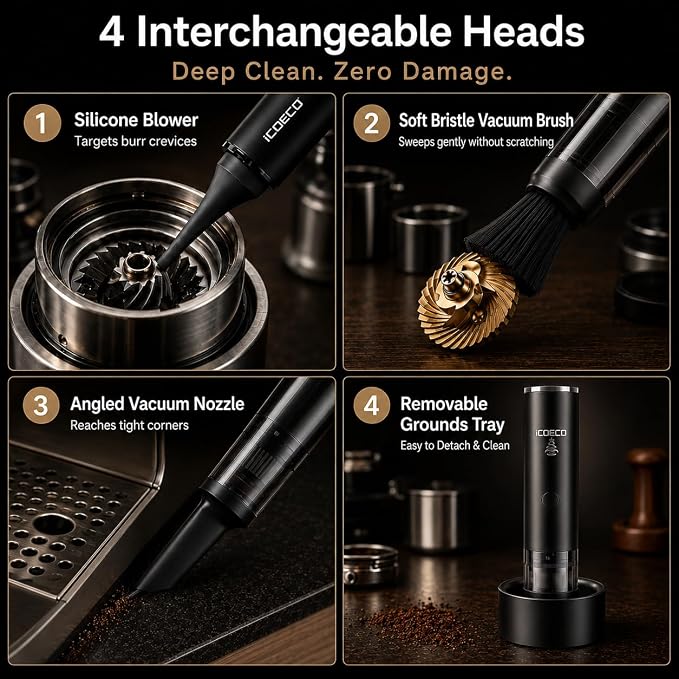 Mini Coffee Grinder Vacuum Cleaner for Espresso Machines & Barista Stations | Coffee vacuum, grounds cleanup, 4 heads, soft bristle brush, angled nozzle, blower tip, removable tray, USB-C rechargeable