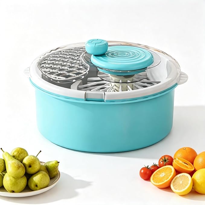 Fruit Vegetable Cleaner Spinner Collapsible Double Layer Washing Bowl (Blue-Manual) | Manual washer with built-in scrubber to clear surface residues, great for berries and various produce cleaning
