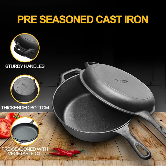 EDGING CASTING 2-in-1 Pre-Seasoned Cast Iron Dutch Oven Pot with Skillet Lid Set, 10" Skillet 3QT Pot for Cooking, Baking, Frying and Camping