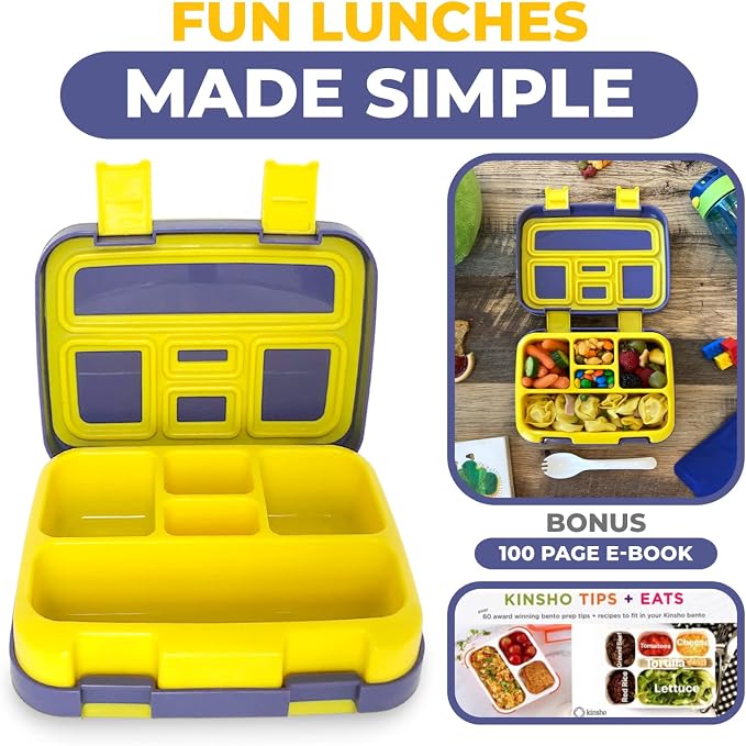 kinsho Bento Lunch Box Container for Small Kids Boys, Blue Yellow Trucks | 5 Portion Sections, BPA-Free Spill-Proof Leakproof Removable Plastic Tray, Snacks and Lunches for Toddlers Pre-School Daycare