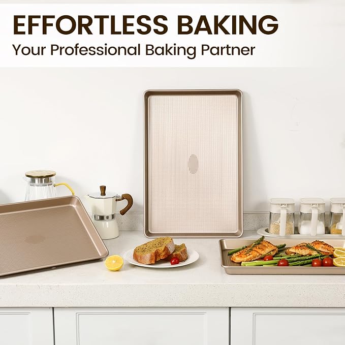 Vinino Baking Sheet Set of 3, Cookie Sheets For Baking with Square Texture Pattern, Thicker Carbon Steel Non-stick Baking Pan Half/Quarter/Jelly Roll Pans Tray for Oven