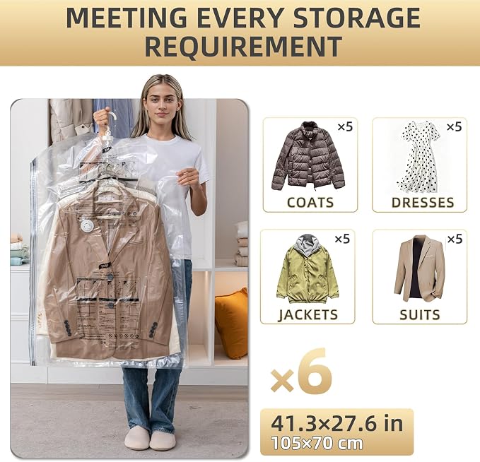 TAILI Hanging Vacuum Storage Bags Clothes, Coats, Jackets,6 Short with Pump | Vacuum Seal Bags for Clothing, Space Saver Clothes Storage Closet Organizer Garment Vacuum Storage Bag with Electric Pump