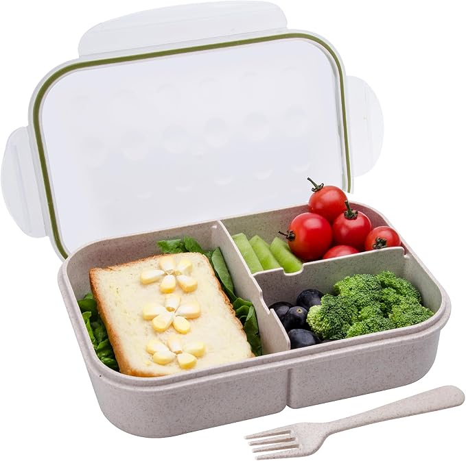 Itopor Bento Box for Kids & Adults, Lunch Box 46 oz / 1400ml, White | Wheat straw material, BPA-free, leakproof, 3 compartments, microwave & dishwasher safe, for school, office & travel