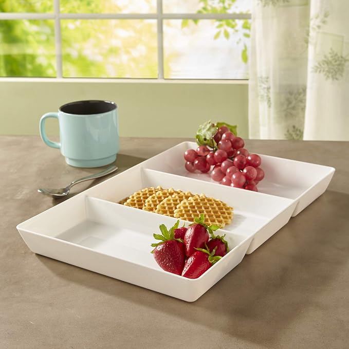 US Acrylic Avant White Plastic Divided Serving Trays (Set of 3) 15” x 10” | Large Reusable 3-Section Party Platters | Serve Appetizers, Fruit, Veggies, & Desserts | BPA-Free & Made in USA