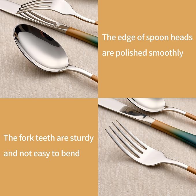 20-Piece Green Orange Silverware Set 18/0 Stainless Steel Silverware Set Green Orange Handle Cutlery Set Service for 4 Dinner Knives Forks Spoons Set Flatware Set Finish Dishwasher Safe