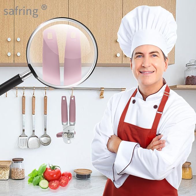 Safring Can Opener Manual, Handheld Strong Heavy Duty Stainless Steel Can Opener, Comfortable Handle, Sharp Blade Smooth Edge, Can Openers with Multifunctional Bottle Opener, Pink