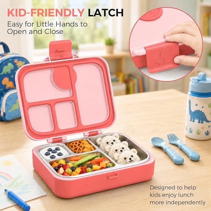 Kids Stainless Steel Bento Lunch Box, 4 Compartments | Leak-Resistant 4 Cups Lunch Container for Ages 4+ with Easy-Open Latch, Removable Seal & Meal Feedback Icon