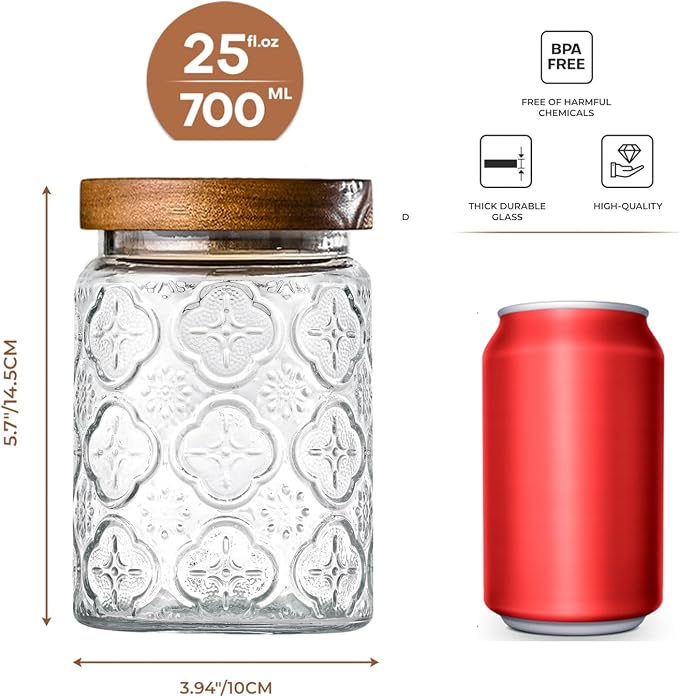 Adodeen Glass Storage Containers With Lids, Glass Jars With Lids, 24OZ | Airtight Glass Food Storage Containers, Kitchen Canisters For Sugar, Coffee, Tea, Spice, Flour, Candy, Pasta, Cereal