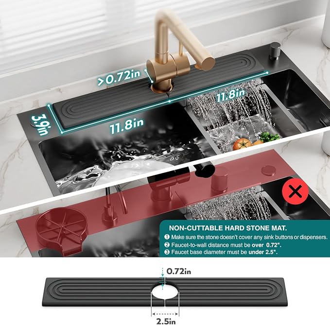 Faucet Splash Guard for Kitchen Sink, Kitchen Sink Faucet Mat with Raised Feet, Durable Drying Matt Kitchen Counter Stone, Water Absorbent Diatomite Drying Mat (Dark Grey, 23.6" x 3.9")