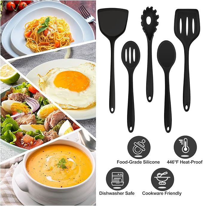 TeamFar Silicone Cooking Utensils Set, 5-Piece Kitchen Utensils Set | Heat Resistant Nonstick Slotted Solid Spoon Turner Pasta Server for Frying Serving Mixing, Non-Toxic & Dishwasher Safe, Black