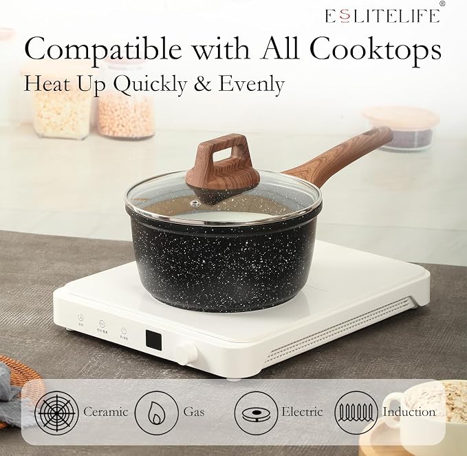 ESLITE LIFE Nonstick Sauce Pan with Lid, 2.5 QT Small Soup Pot Compatible with All Stovetops (Gas, Electric & Induction), PFOA Free, Black