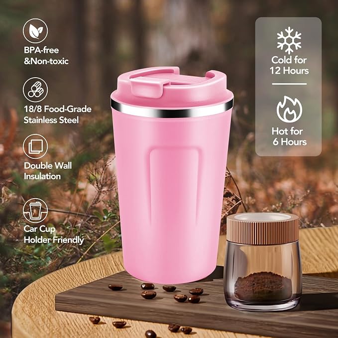 Volhoply 12 oz Double Wall Insulated Vacuum Travel Coffee Mug with Flip Lid Bulk 8 Pack,Reusable Stainless Steel Leak Proof Coffee Cup,Portable Cafe Thermal Tumblers for Hot & Cold Drinks(Pink,8 Set)