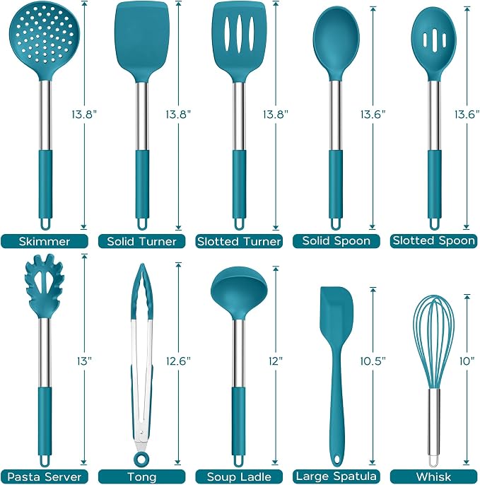 Onader 10 Pieces Silicone Kitchen Utensils Set, Cooking Utensils with Holder and Heat Resistant Stainless Steel Handle for Nonstick Cookware -Blue