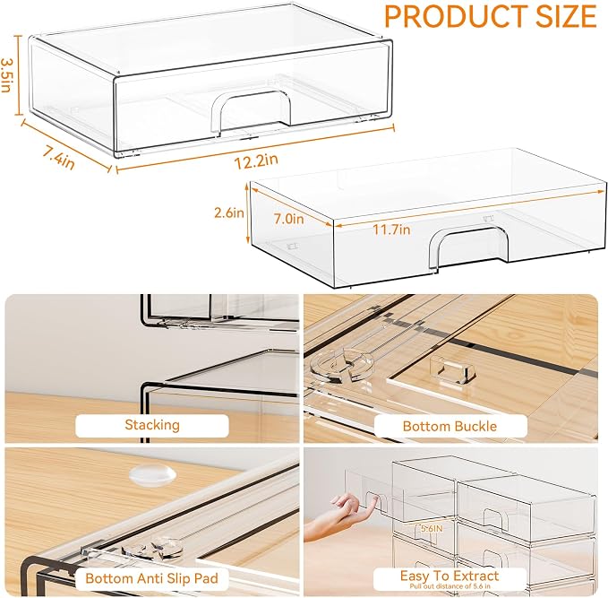 12.1''W Clear Stackable Storage Drawers,2 Pack Acrylic Drawer Organizer for Hair Accessories,Makeup Organizers,Plastic Organizer Bins for Vanity,Bathroom,Cabinet,Desktop,Office Supply Organizer