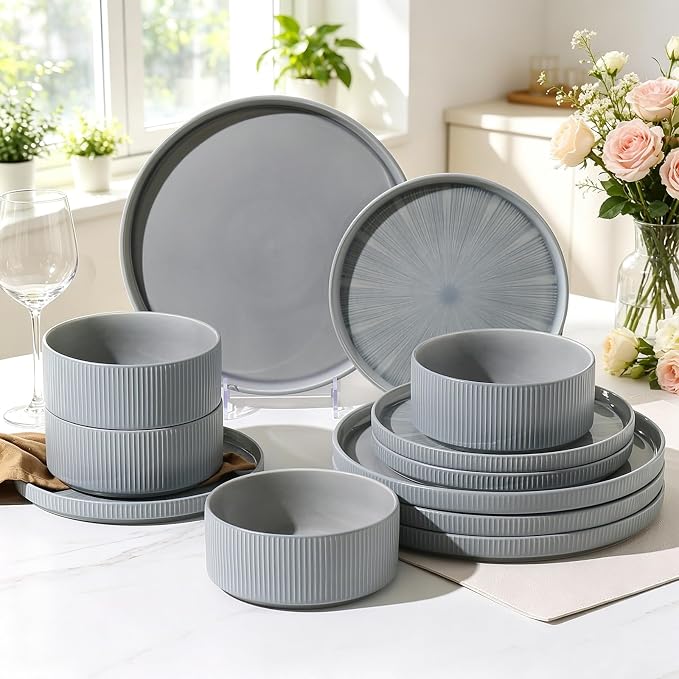 Stoneware Dinnerware Sets for 4, 12-Piece Plates and Bowls Set, Dusty Blue | Advanced Inkjet Printing Ceramic Dishes, Modern Minimalist Tableware, Scratch Resistant, Microwave and Dishwasher Safe