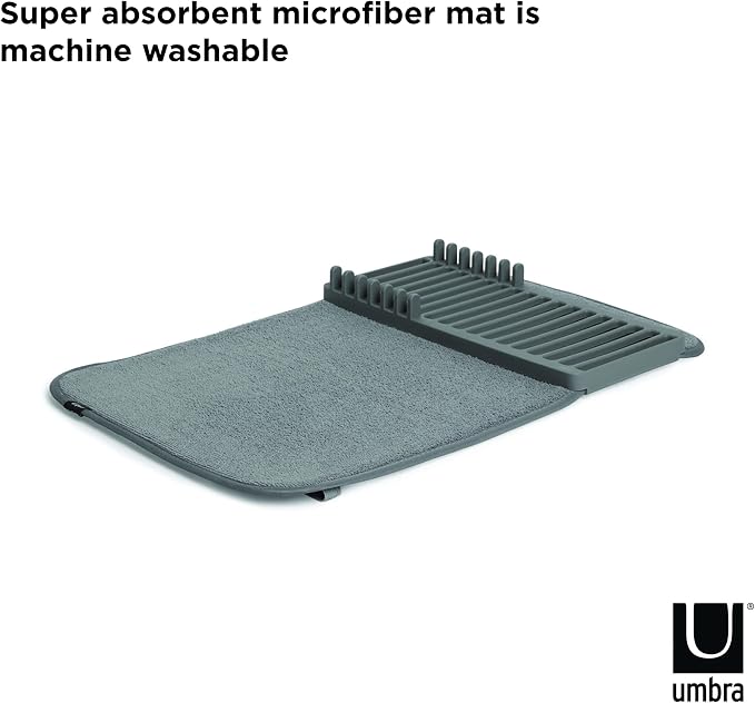 Umbra Udry Dish Drying Rack, Folding Dish Drainer Mat, Mini, Dark Grey | Absorbent microfiber base, removable tray, dishwasher safe, compact storage, BPA-free plastic