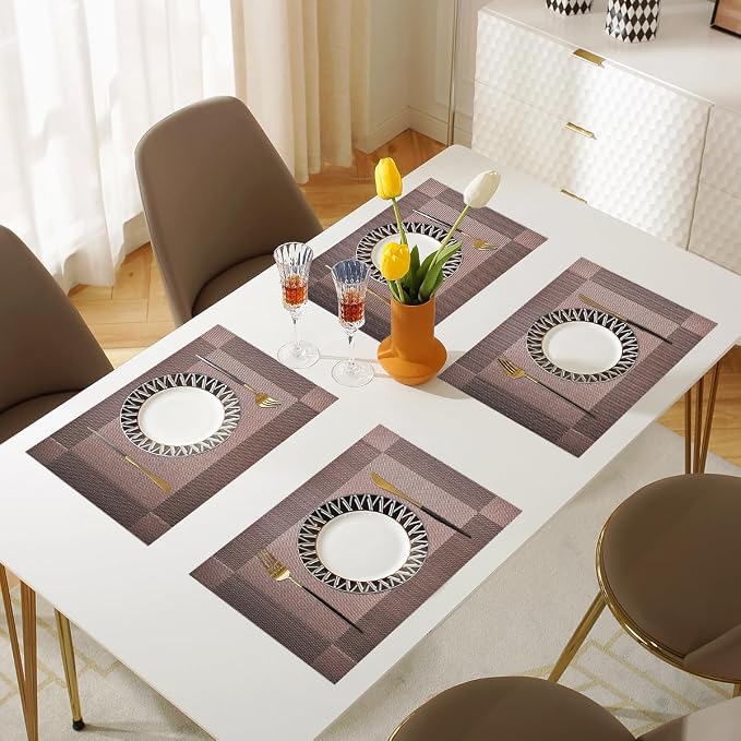 Vinyl Placemats Heat-Resistant Table Mats Washable Easy Clean Plastic Placemats for Dining Table Set of 4 (Brown)