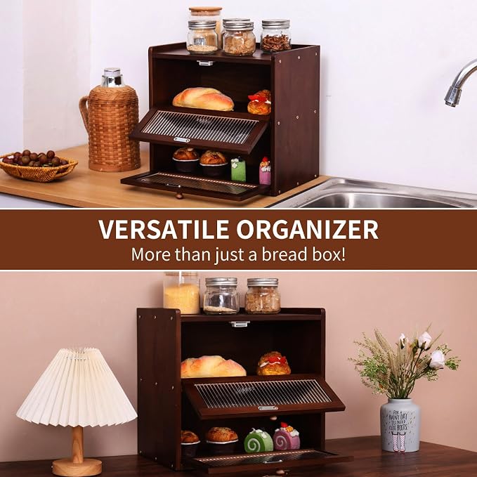 Double 2 Layer Large Bread Box for Kitchen Counter, Wooden Bread Storage Container Organizer Holder with Acrylic Window (brown)