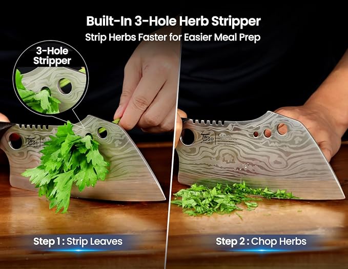 Meat Cleaver Chef Knife with Sheath, 7.7 Inch Butcher Knife | Chopping Knife with Herb Stripper, Heavy Duty Bone Cutting, Damascus Pattern Full Tang Wood Handle, Birthday Gift for Men