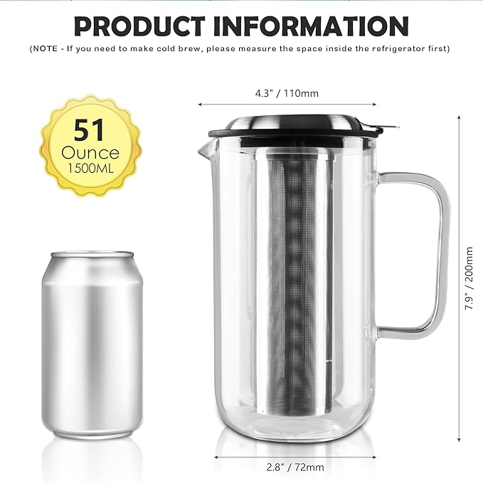 Aquach 51oz Glass Teapot with Infuser, Stovetop Safe Borosilicate Tea Pot | Dishwasher Safe, Plastic-free, Precise Loose Leaf Filter, Easy-clean Opening, Sharing Capacity