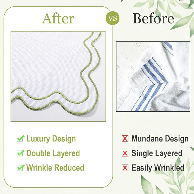 HunnmingRe White with Green Set of 6 Cotton Linen Wedding Placemats, 13x19 Inch Scalloped Wavy Embroidery Placemat Double Layered Washable Rustic Rectangle Dinner Table Mat for Home Decor