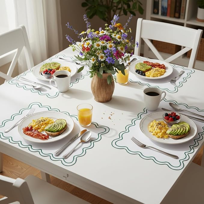 HunnmingRe White with Dark Green Set of 6 Cotton Linen Wedding Placemats, 13x19 Inch Scalloped Wavy Embroidery Placemat Double Layered Washable Rustic Rectangle Dinner Table Mat for Home Decor