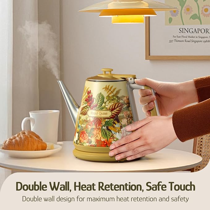 Hazel Quinn X Eduardo Recif Electric Kettle 1L/34oz Small Tea Kettle Floral | 800W Fast Boil, 304 Stainless Steel Interior, Double-Wall Cool Touch, Gooseneck Spout, Auto Shut-Off, BPA-Free Cordless, Home