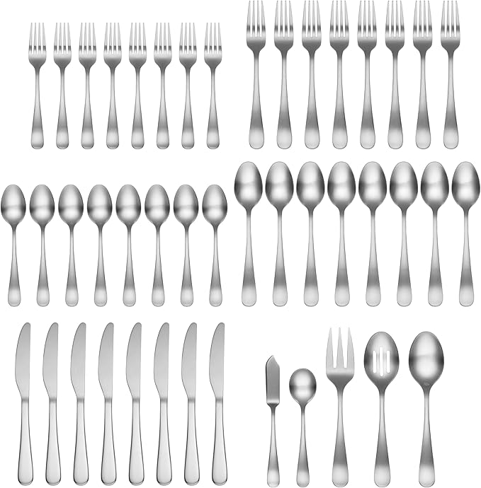 Cambridge Rhiannon Satin 45-Piece 18/0 Silverware Set for 8, Flatware | silver, dishwasher safe | includes knives, forks, and spoons | heavy duty, cutlery set for kitchen and dining, utensil set